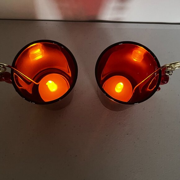 Pair Red Glass Luminary Votive Candle Holder Decorative Hearts Golden Wire Roman - Picture 12 of 17